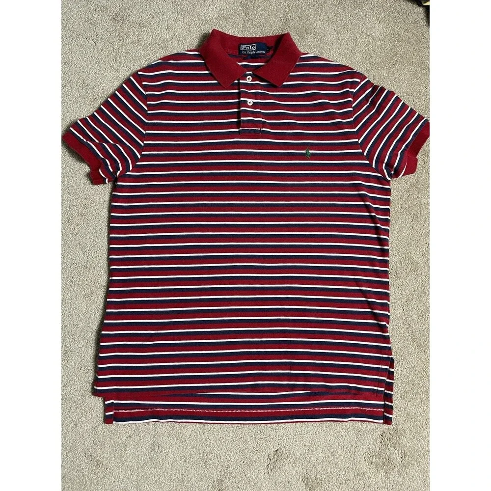 Polo Ralph Lauren Men's Sz L Polo Shirt Yellow Blue Striped Short Sleeve Read